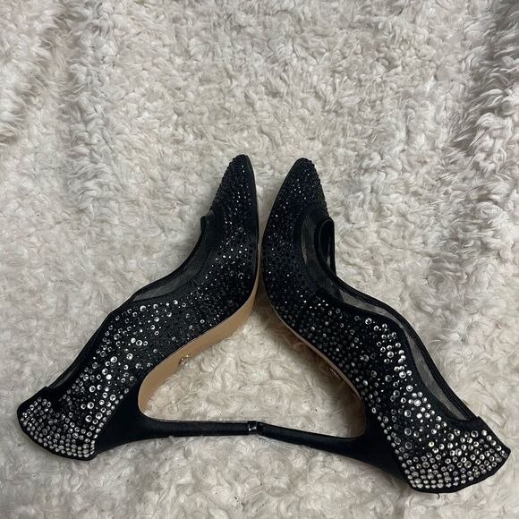 NINA RYOKO FABRIC BLACK CRYSTAL EMBELLISHED SLIP ON HEELS SZ8.5M - Picture 6 of 10
